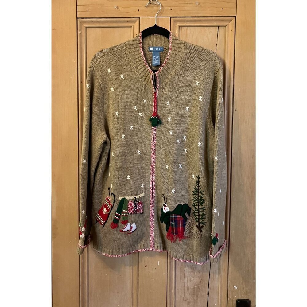 Koret Women Vintage 90s Christmas Full Zip Cardigan Sweater Size XL Beige XM EXC